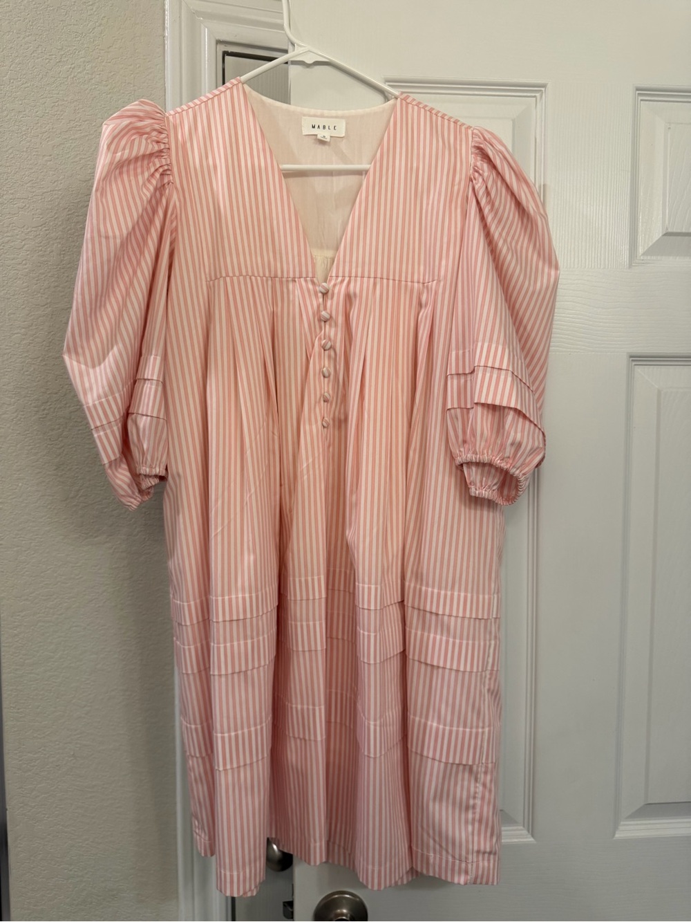 MABLE Pink & White Striped Puff Sleeve Dress – Small
